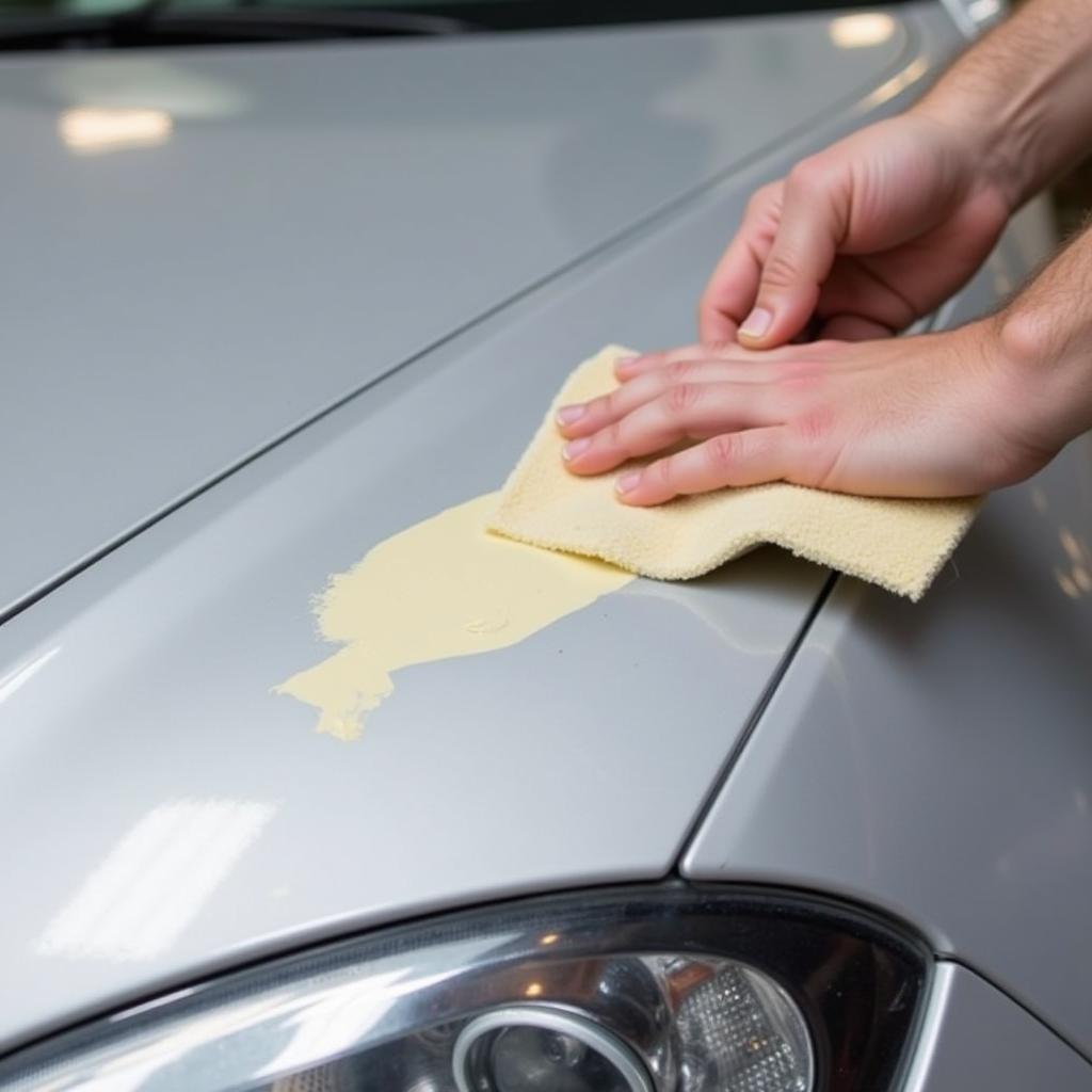 Sanding a rock chip repair on a car hood with fine-grit sandpaper