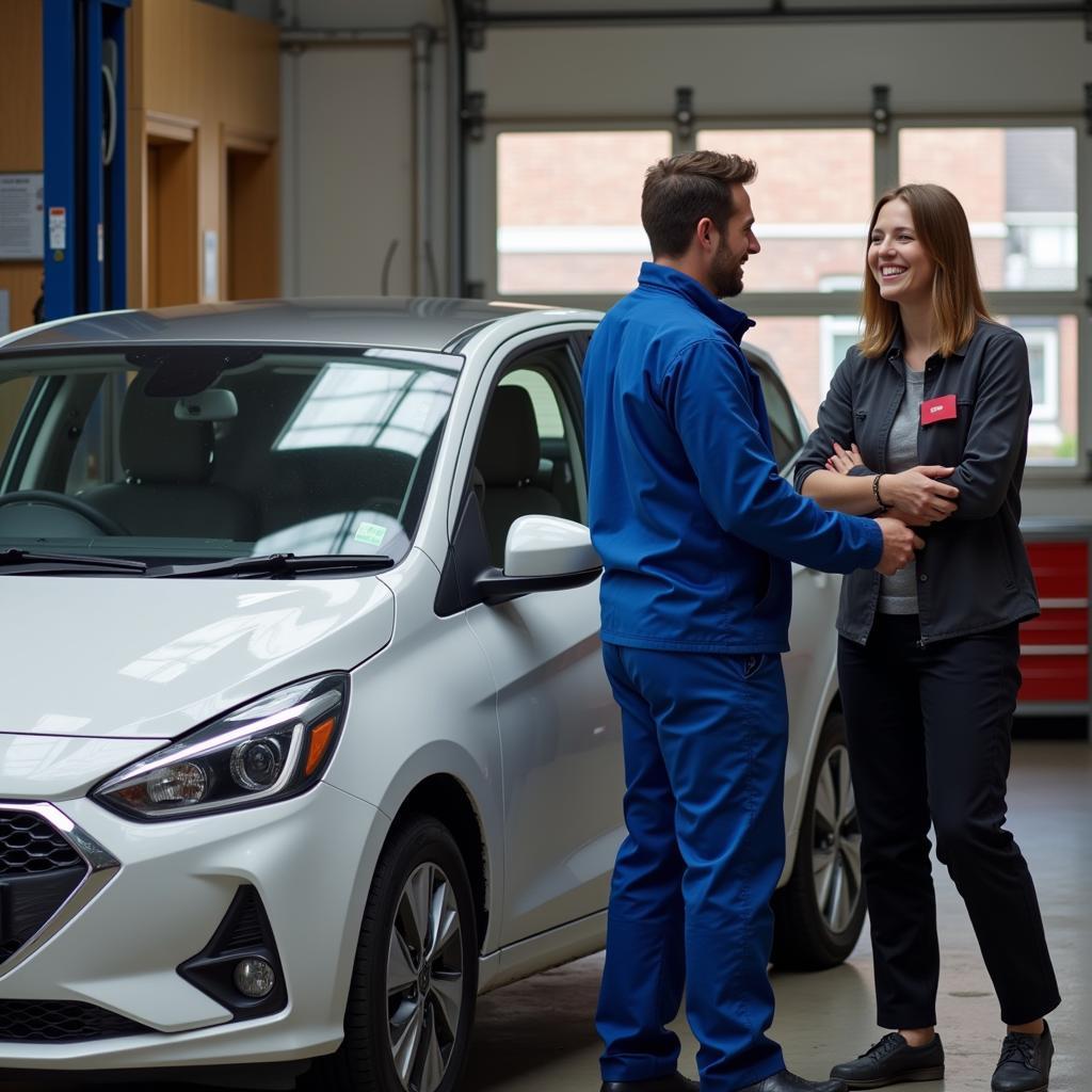 Satisfied Customer Receiving Their Repaired Car at a Body Shop in Shaw Oldham