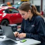 A student researching car body repair courses in Aberdeen on a laptop.