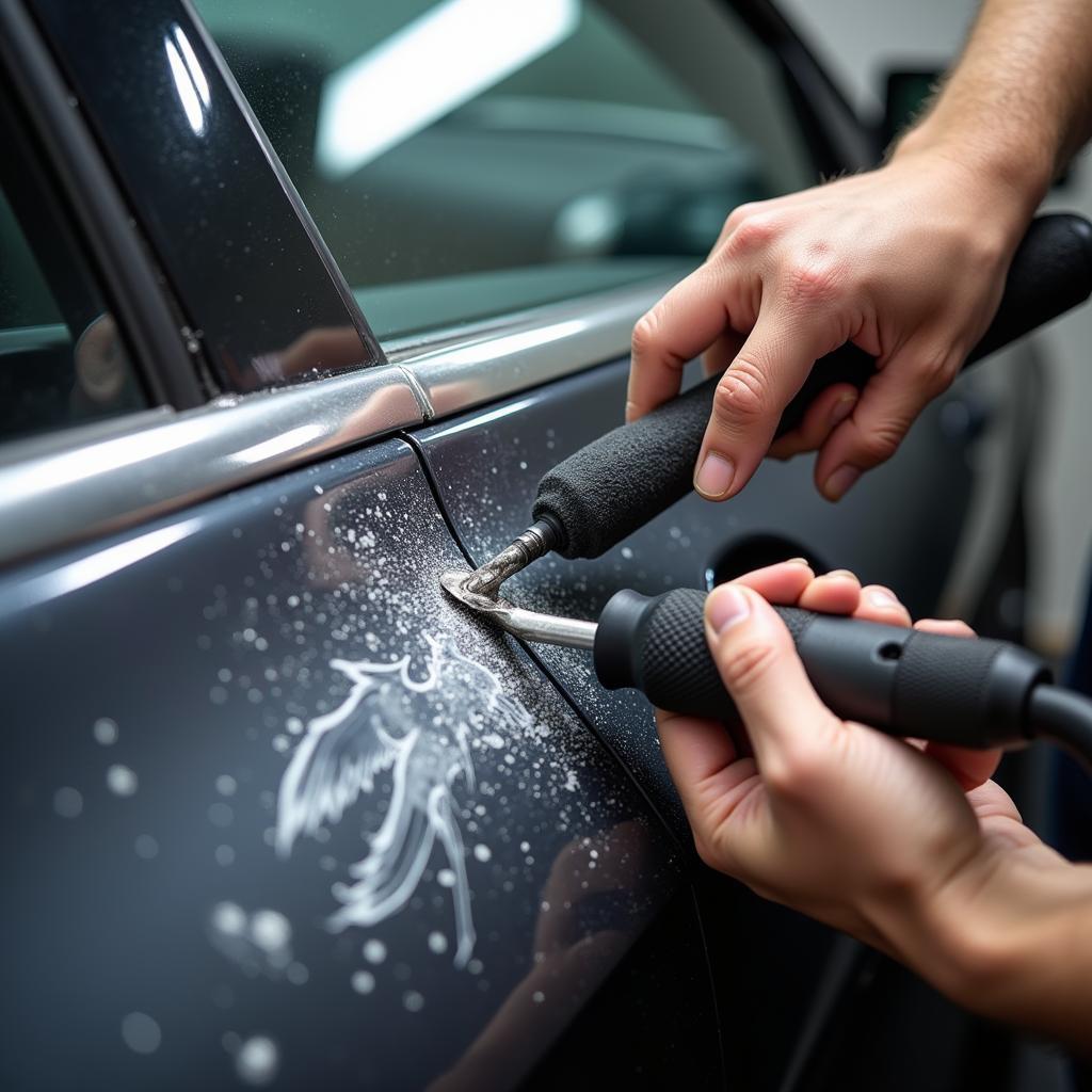 Professional repairing severe bird dropping damage on a car using specialized tools.