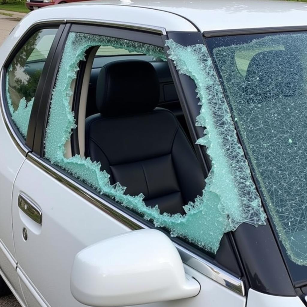 Shattered car window in Hammond, Indiana requiring replacement