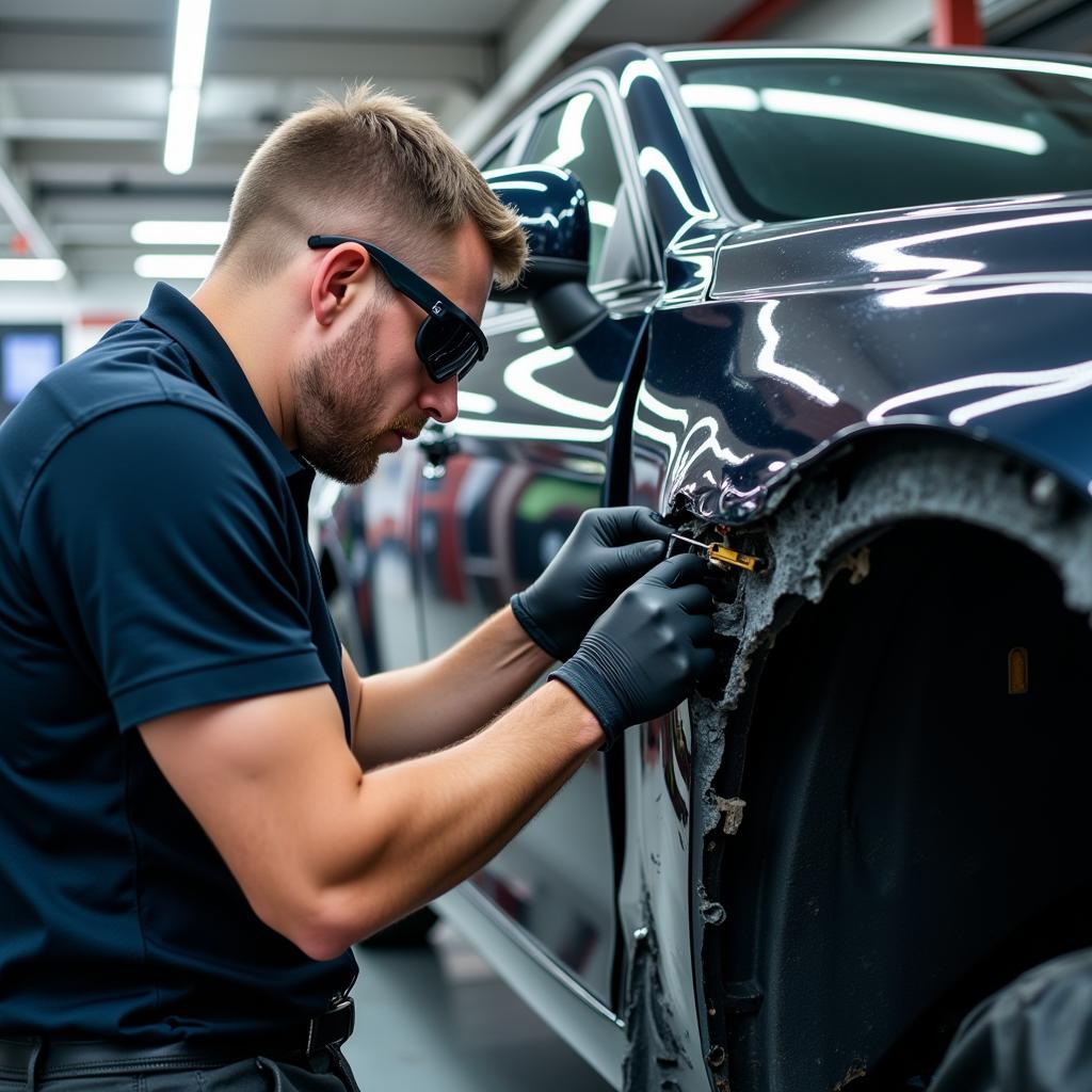 Car body repair technician working in a Southampton garage