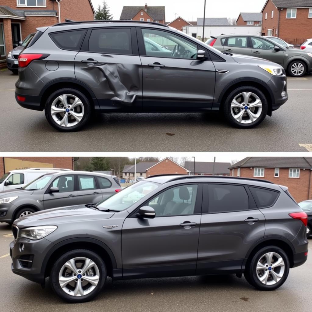 Before and after photos of a car undergoing body repairs in Stirling