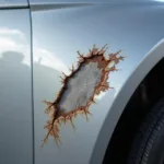 Close-up view of a stone chip on car paint, showing the exposed metal underneath.