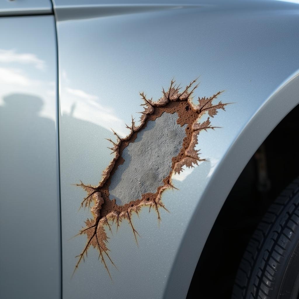 Close-up view of a stone chip on car paint, showing the exposed metal underneath.