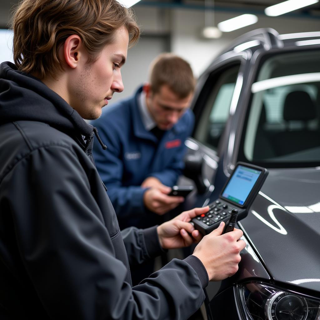 Student Practicing Car Key Programming on a Vehicle