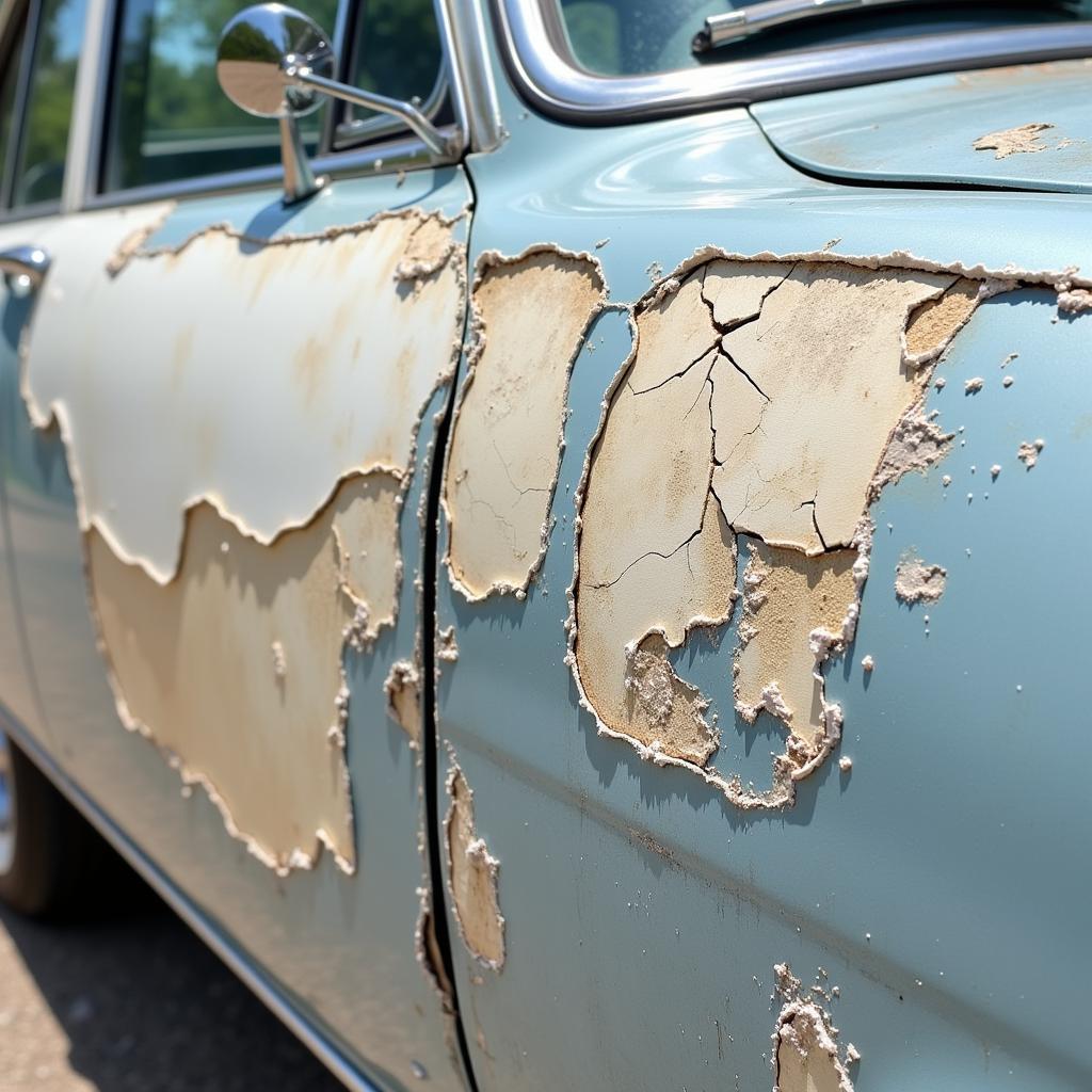 Close-up view of sun-damaged car paint