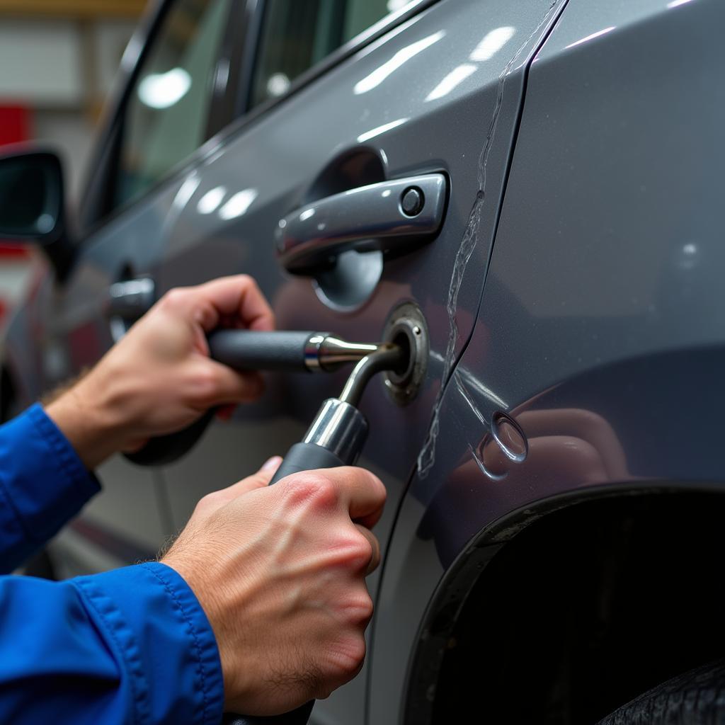 Technician Performing Mobile Car Body Repair on a dent