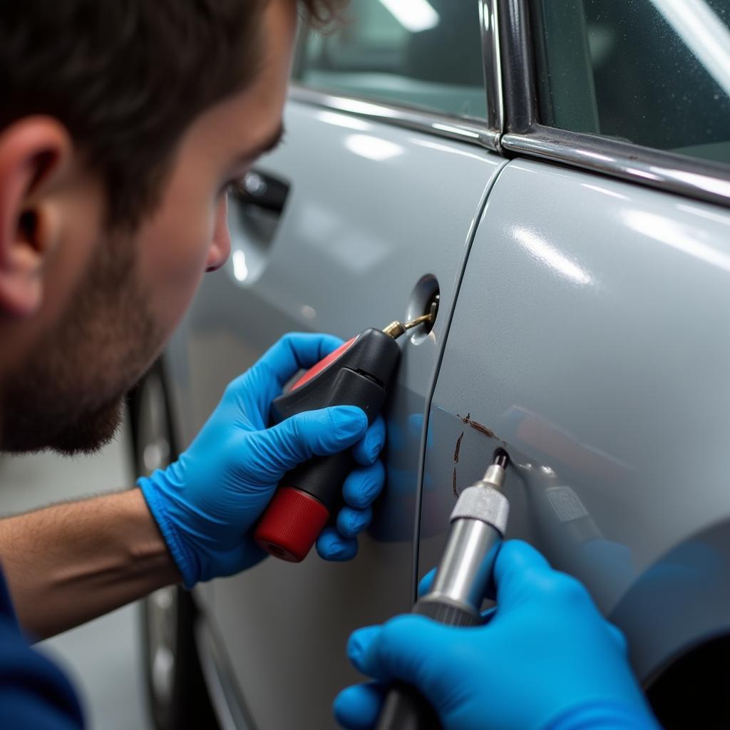 Technician Performing Paintless Dent Repair