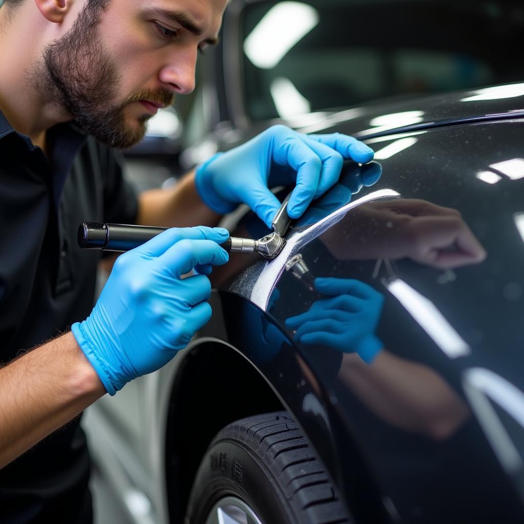 Technician Performing a Spot Repair on Car Paint