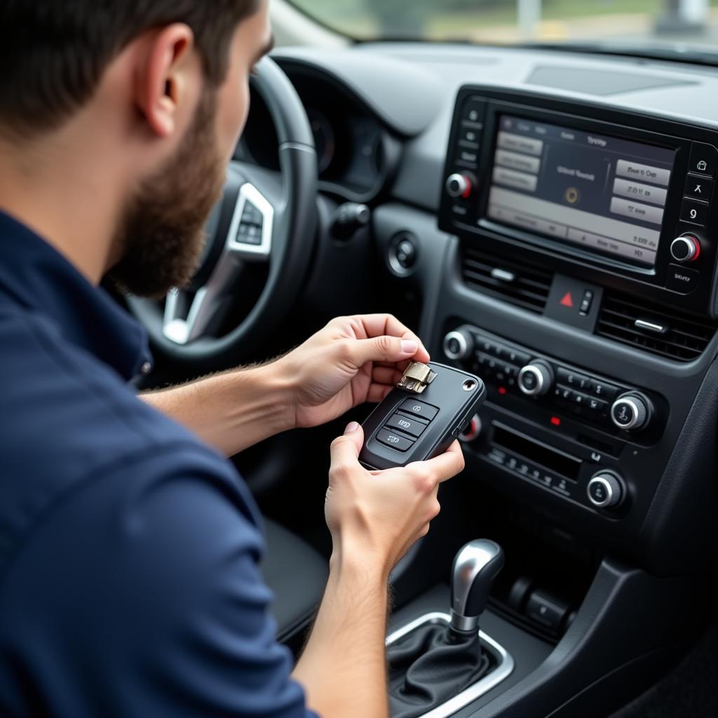 Technician Programming a Car Key Using Specialized Equipment