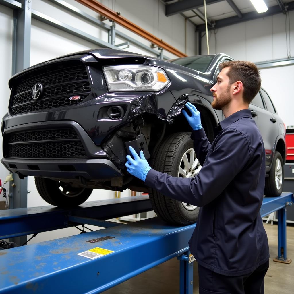 An auto body technician utilizing a car body repair bench to repair a damaged vehicle.