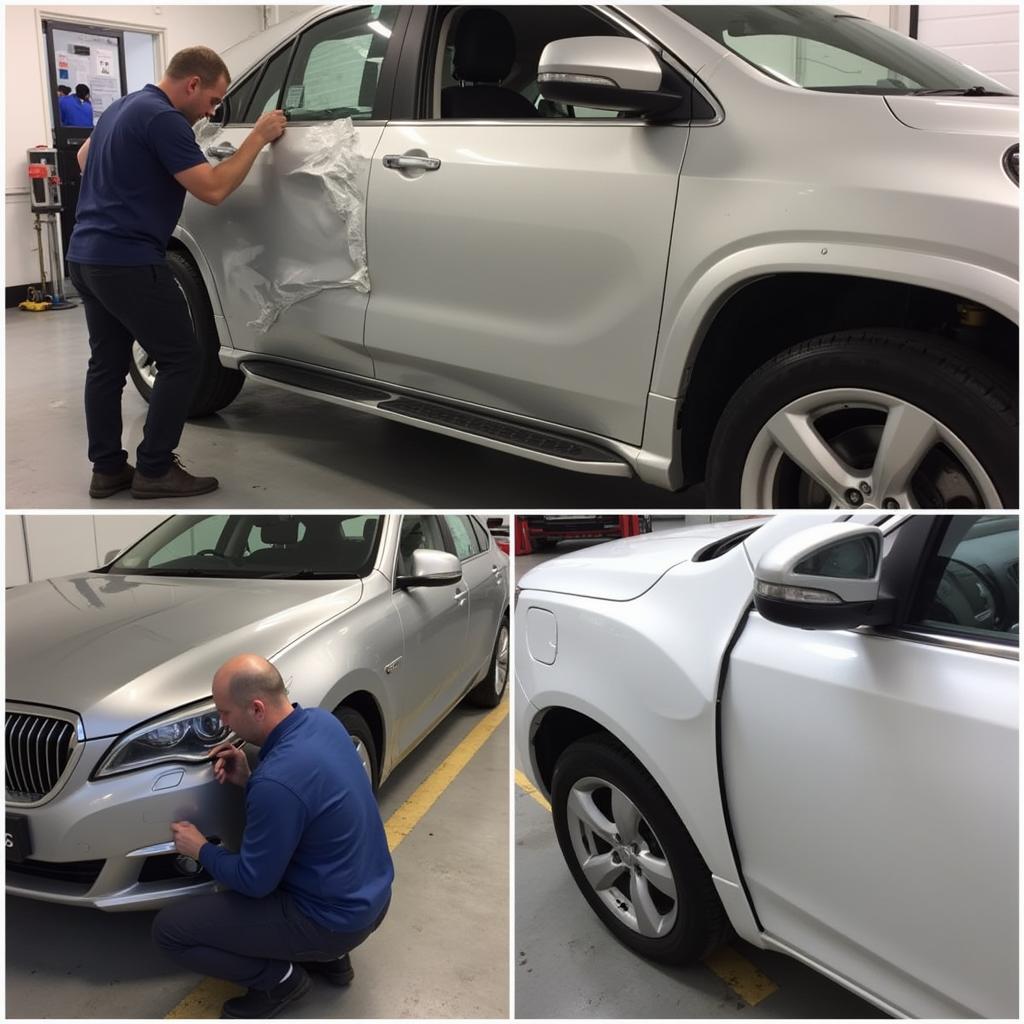 Different types of car bodywork repairs being performed in a Swindon garage, including dent removal, panel replacement, and painting.