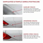 Different types of cracks in car paint: hairline cracks, spiderweb cracks, and stress cracks.