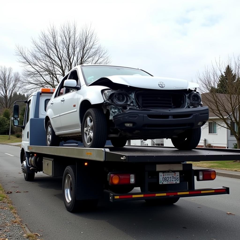 Tow truck picking up damaged car in Wallasey