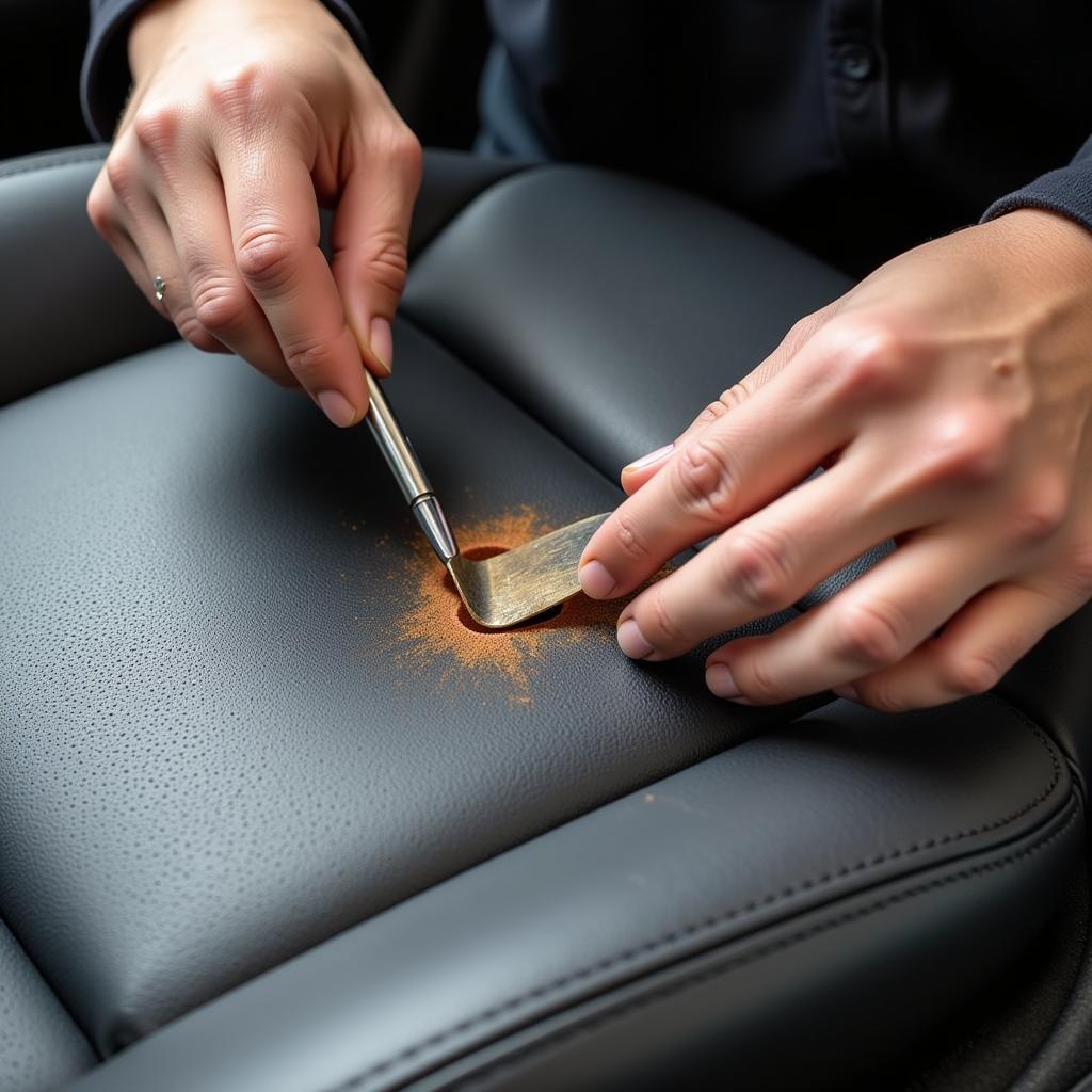 Using a liquid leather repair kit on a car seat