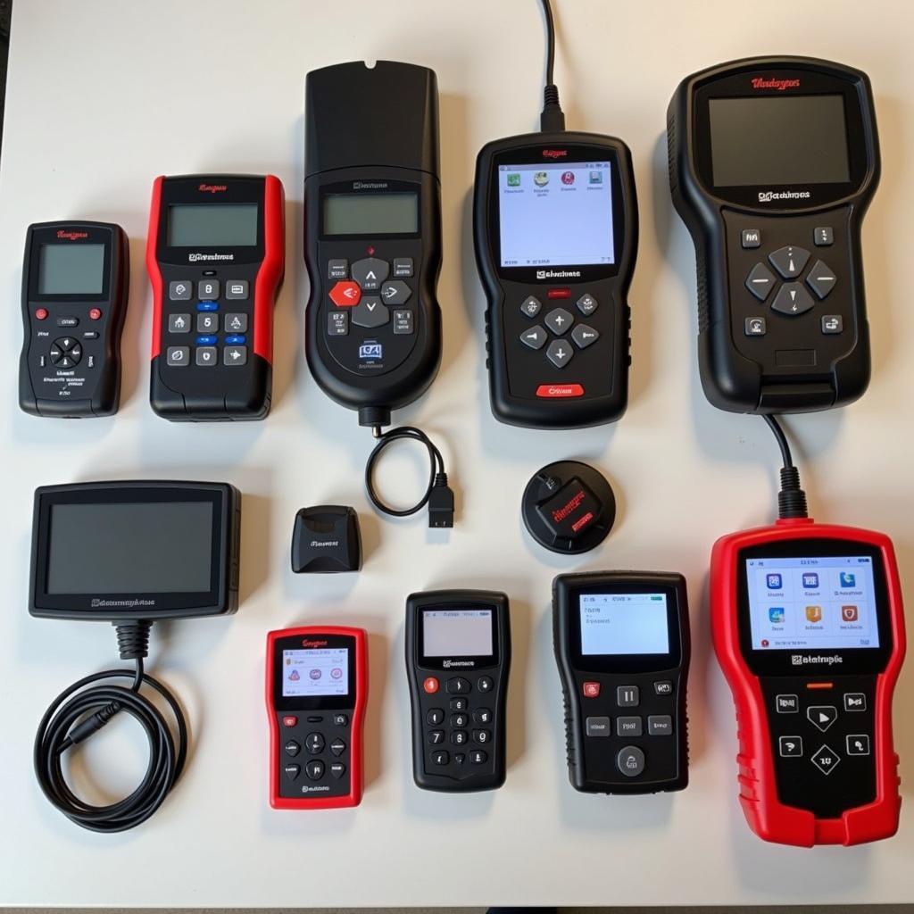 Various Car Diagnostic Machines Displayed on a Table