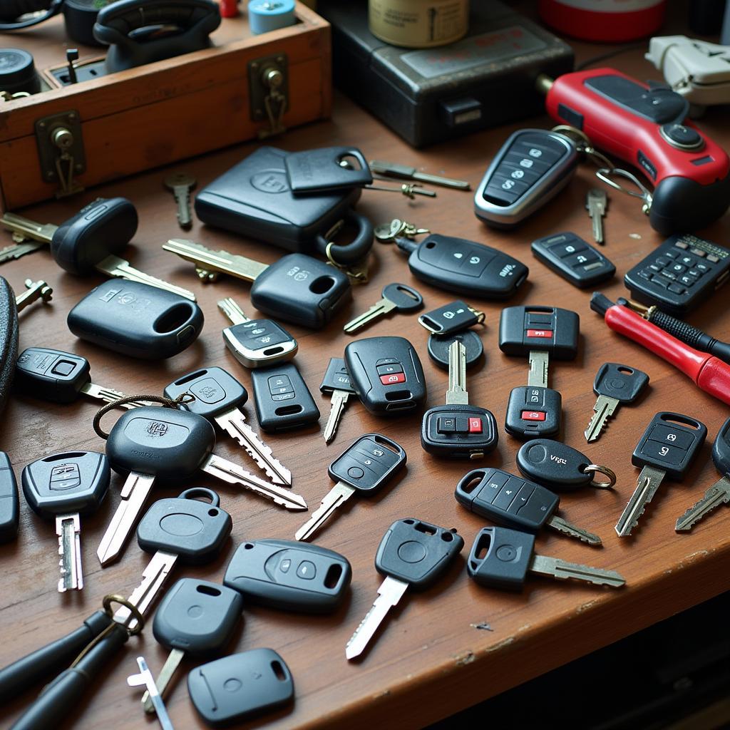 Various Car Keys and Fobs on a Work Bench