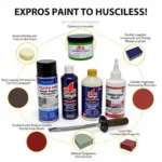 Different types of car paint repair products displayed on a workbench