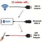 Different types of phone diagnostic car cables including WiFi, Bluetooth, and USB adapters