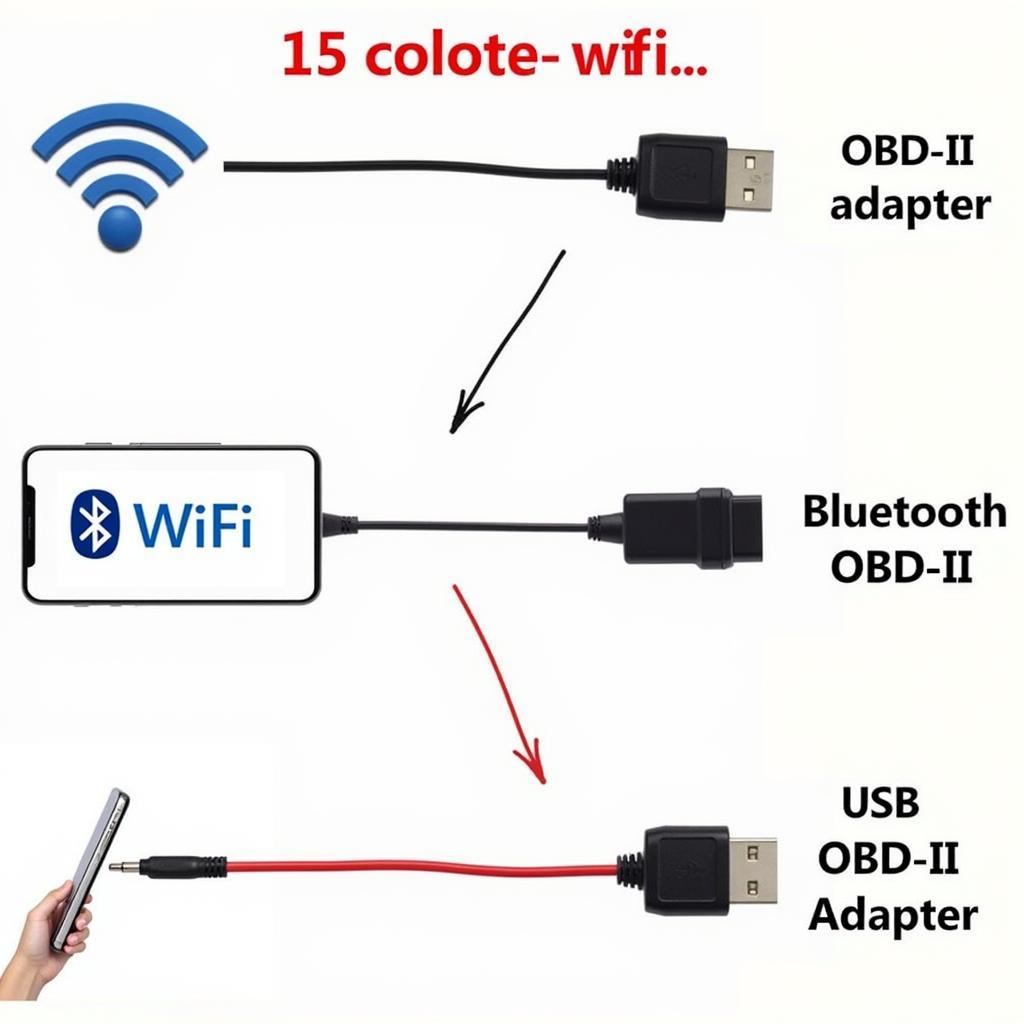 Different types of phone diagnostic car cables including WiFi, Bluetooth, and USB adapters