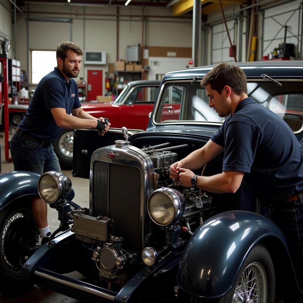 Expert Vintage Car Repair in Ancoats: Mechanics working on a classic car engine in a specialized garage.