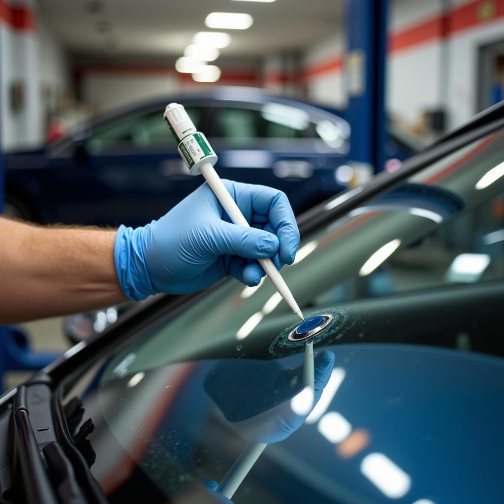 Close-up of a windshield chip being repaired in 60457