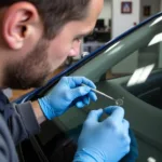 Close-up of a windshield chip being repaired in Spokane Valley