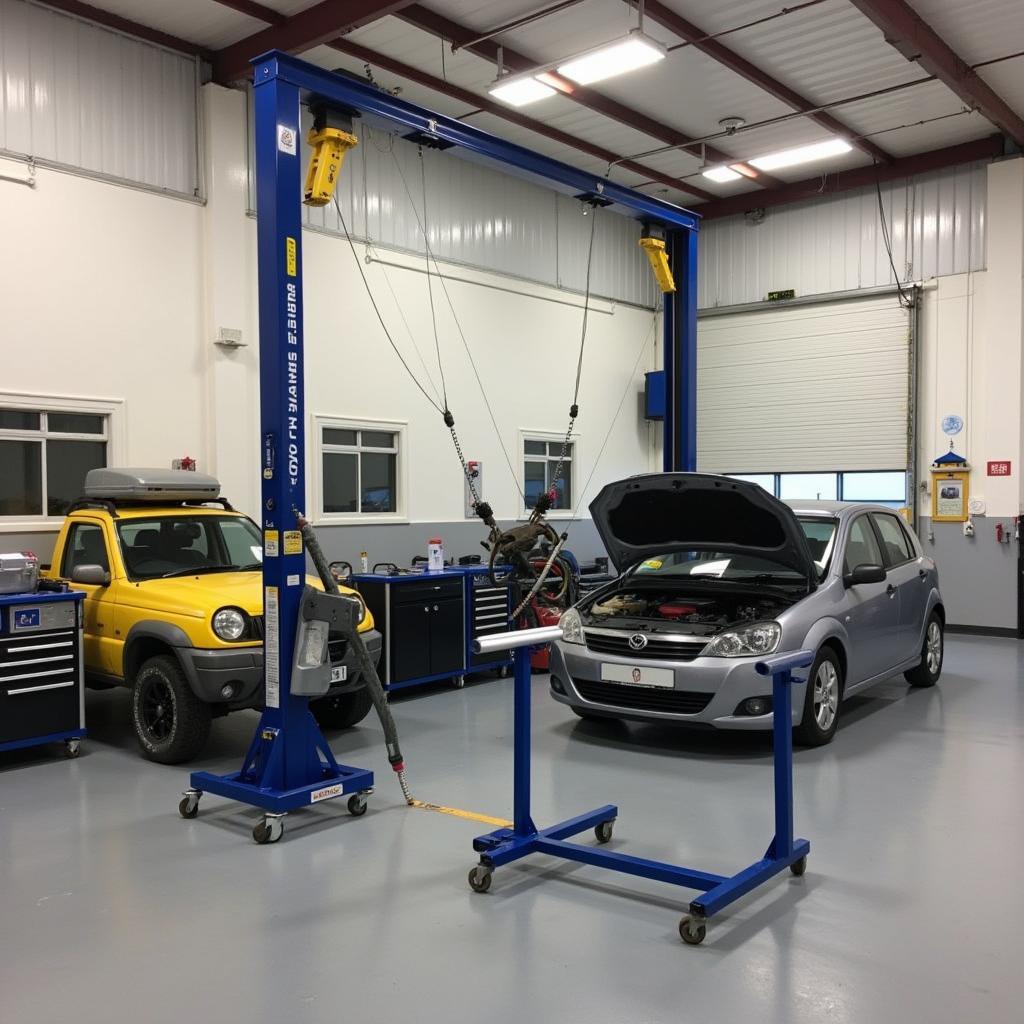 Interior of a car body repair shop in Wrexham