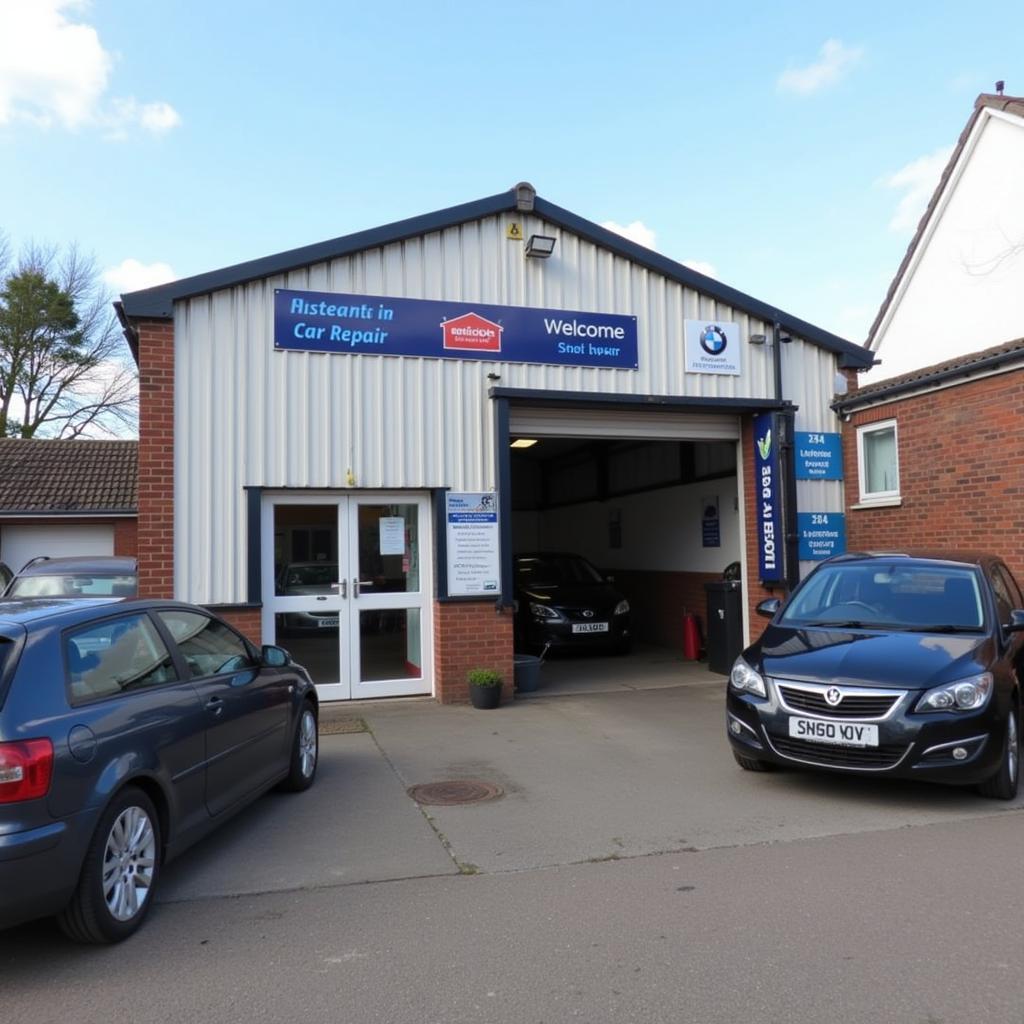 Exterior view of a modern car repair shop in Wrexham